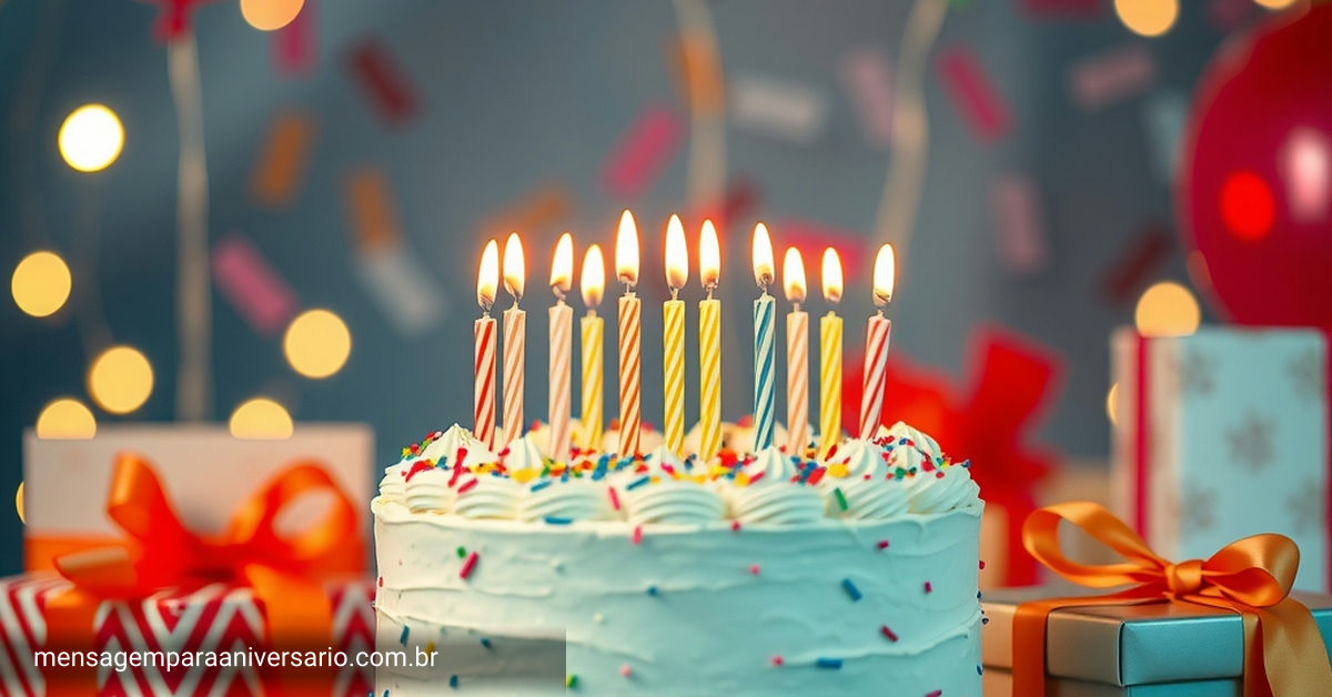 Cena festiva de aniversário com bolo, velas, balões, confete e presentes.