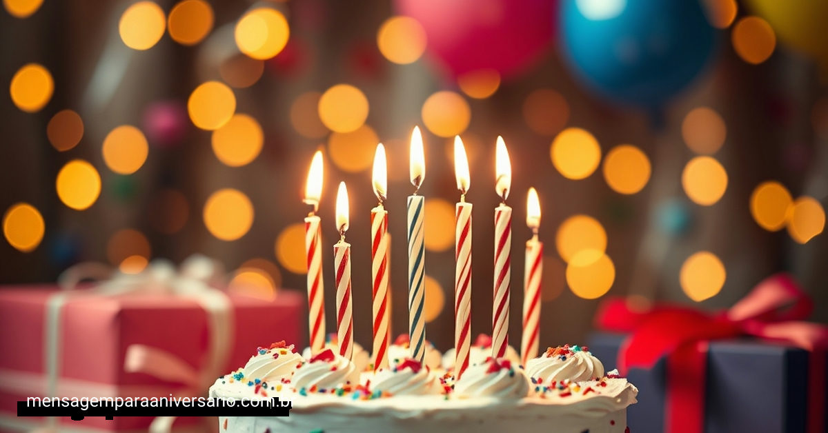 Cena festiva de aniversário com bolo, velas, balões, confete e luzes bokeh.