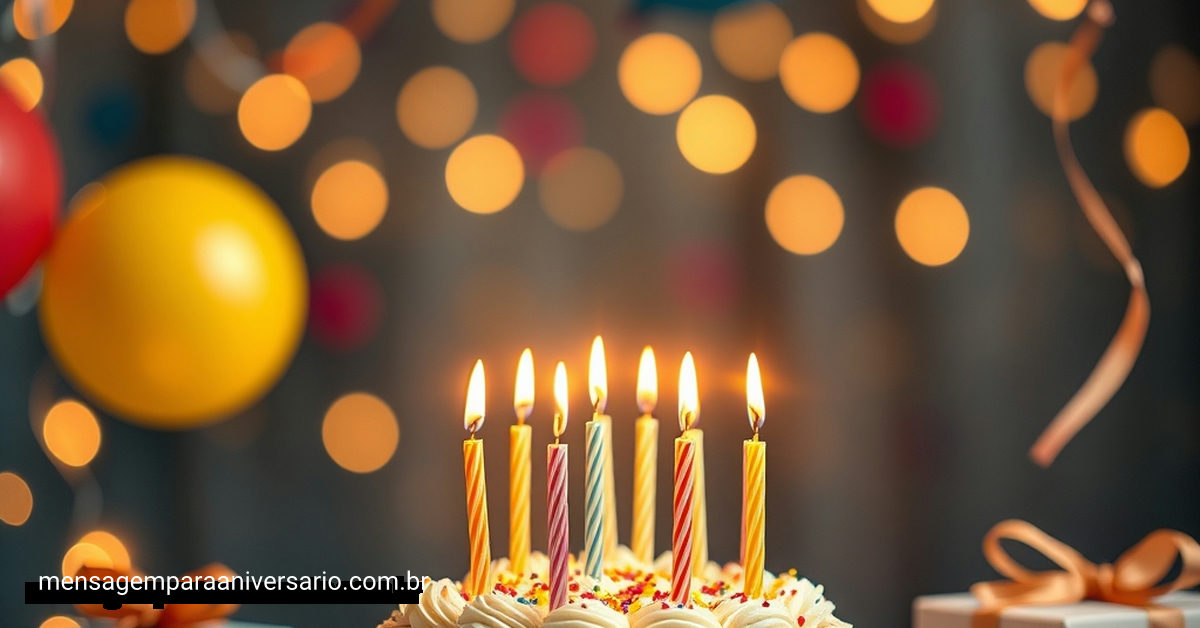 Cena festiva de aniversário com bolo, velas, balões e confetes.