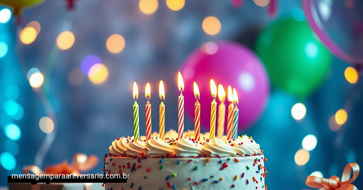 Uma mesa repleta de um bolo de aniversário colorido, balões vibrantes e luzes cintilantes.