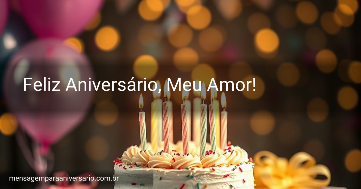 Cena festiva de aniversário com bolo decorado, velas acesas, balões coloridos, confete e luzes bokeh ao fundo.
