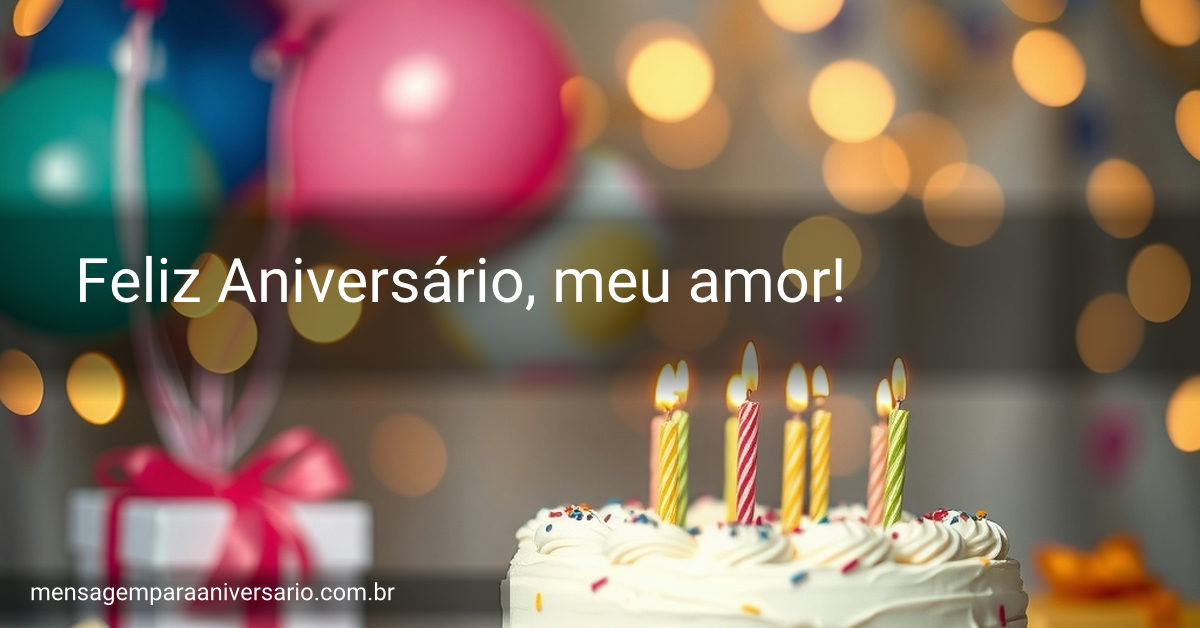 Cena festiva de aniversário com bolo, velas, balões, confetes e luzes desfocadas.