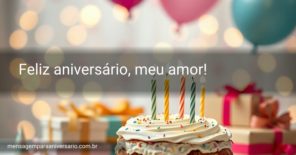 Uma mesa decorada com um bolo de aniversário, velas acesas, balões coloridos e presentes embrulhados.