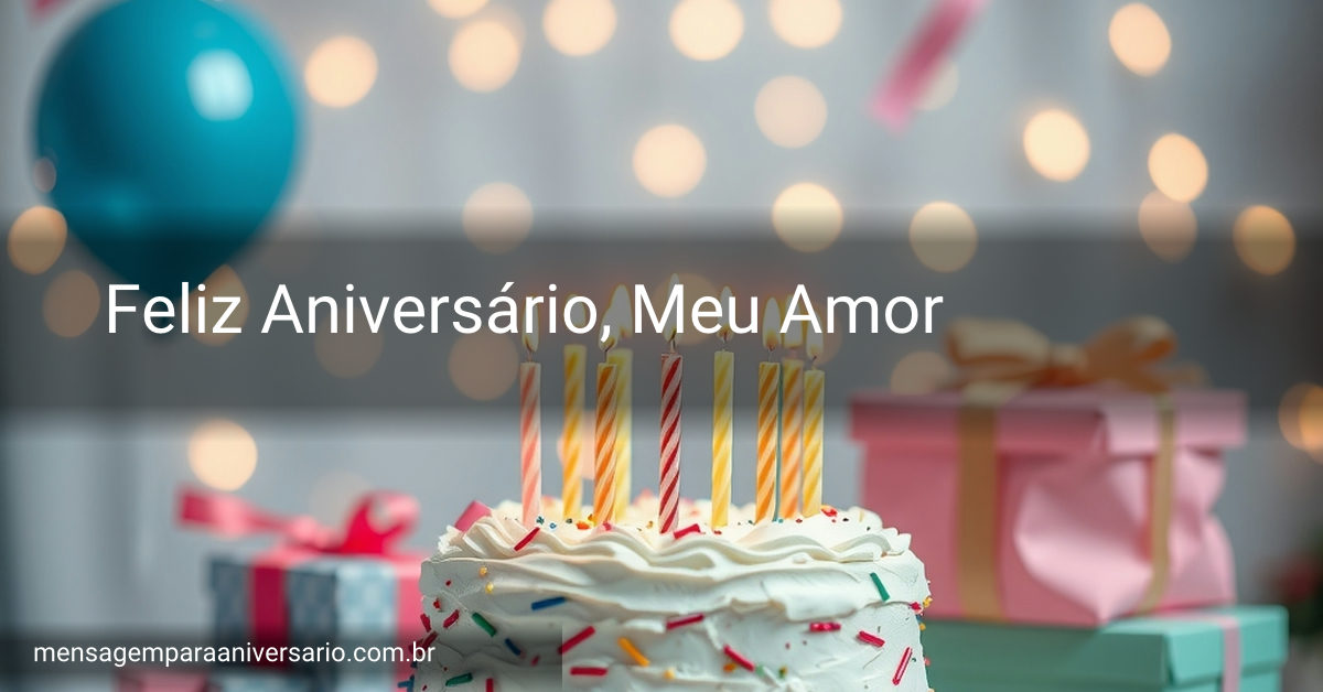 Cena festiva de aniversário com bolo decorado, balões coloridos e confete ao redor.