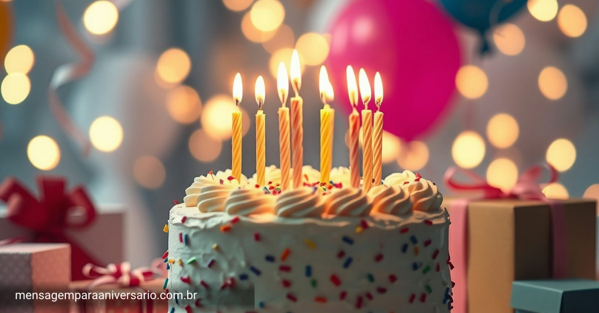 Cena festiva de aniversário com bolo, velas, balões, confete e presentes.