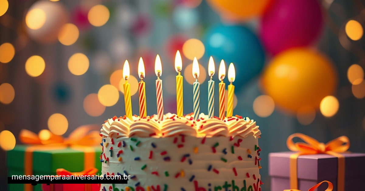 Cena festiva de aniversário com bolo colorido, velas, balões e confete.