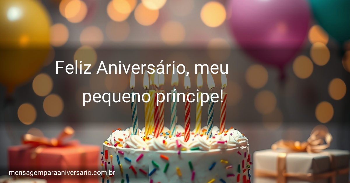 Cena festiva de aniversário com bolo colorido, velas acesas, balões, confetes, presentes embrulhados e luzes bokeh ao fundo.