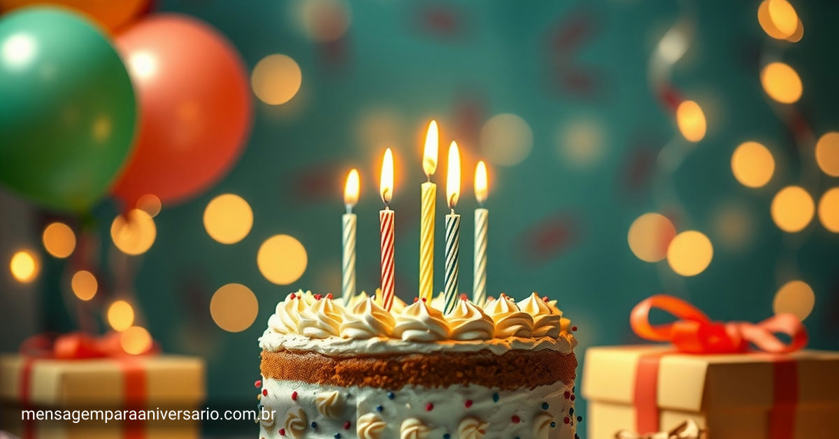 Uma mesa de festa com bolo de aniversário, velas, balões de cores vibrantes, confete e muitos presentes.