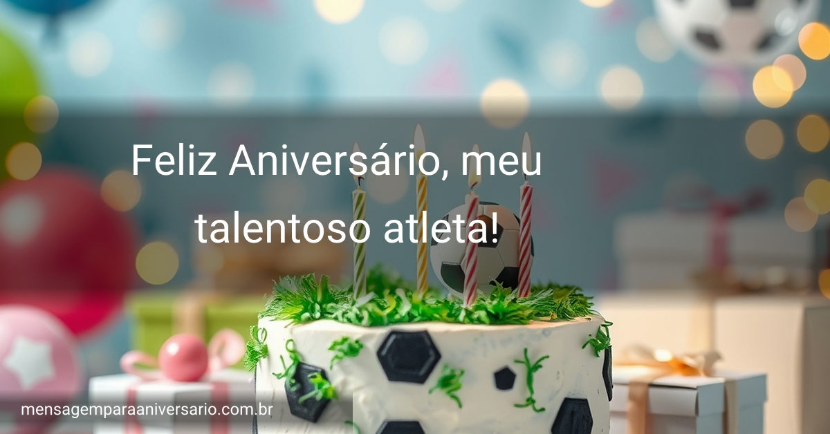 Cena festiva de aniversário com bolo temático de futebol, balões, confete e luzes bokeh em um ambiente vibrante.
