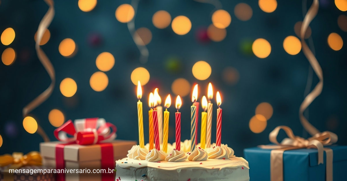 Cena festiva de aniversário com bolo, velas, balões, confete e presentes.