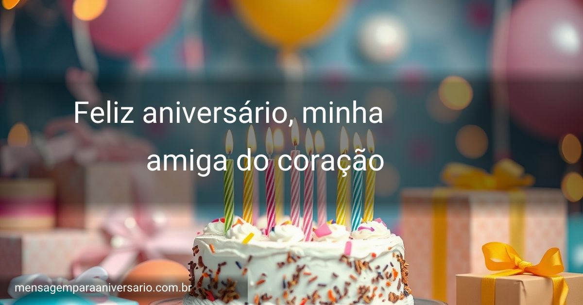 Uma mesa decorada para festa de aniversário, com bolo, velas, balões coloridos e presentes, rodeada por luzes desfocadas.