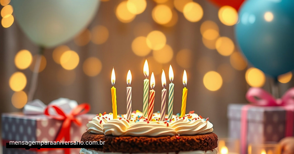 Cena festiva de aniversário com bolo, velas, balões, confete e presentes, iluminada por luzes bokeh.