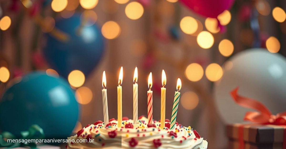 Uma cena festiva de aniversário com bolo, velas, balões, confete e luzes bokeh.