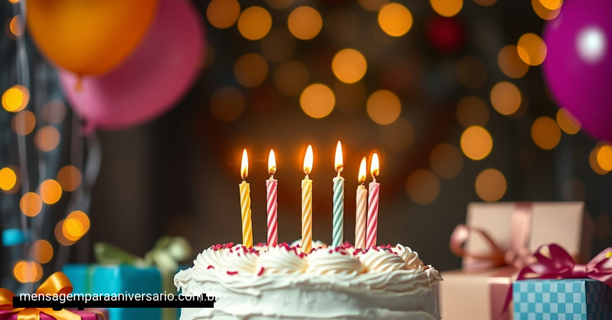 Cena festiva de aniversário com bolo, velas, balões, confete e presentes.