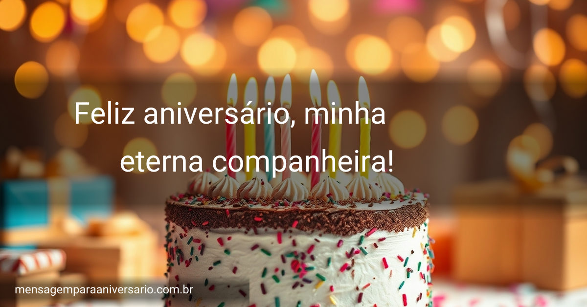 Mesa de aniversário decorada com bolo, velas, balões coloridos, confetes e pacotes de presente.