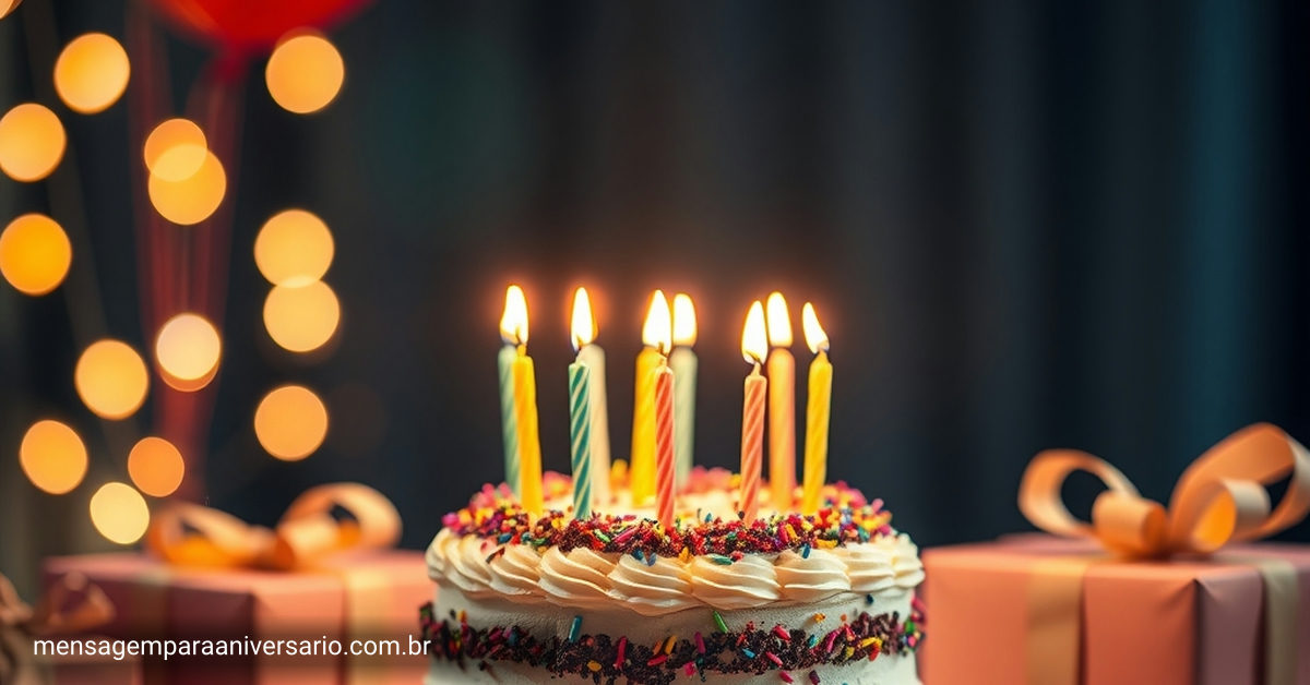 Uma cena festiva de aniversário com um bolo colorido, velas acesas, balões coloridos, confetes espalhados sobre a mesa e luzes bokeh ao fundo.