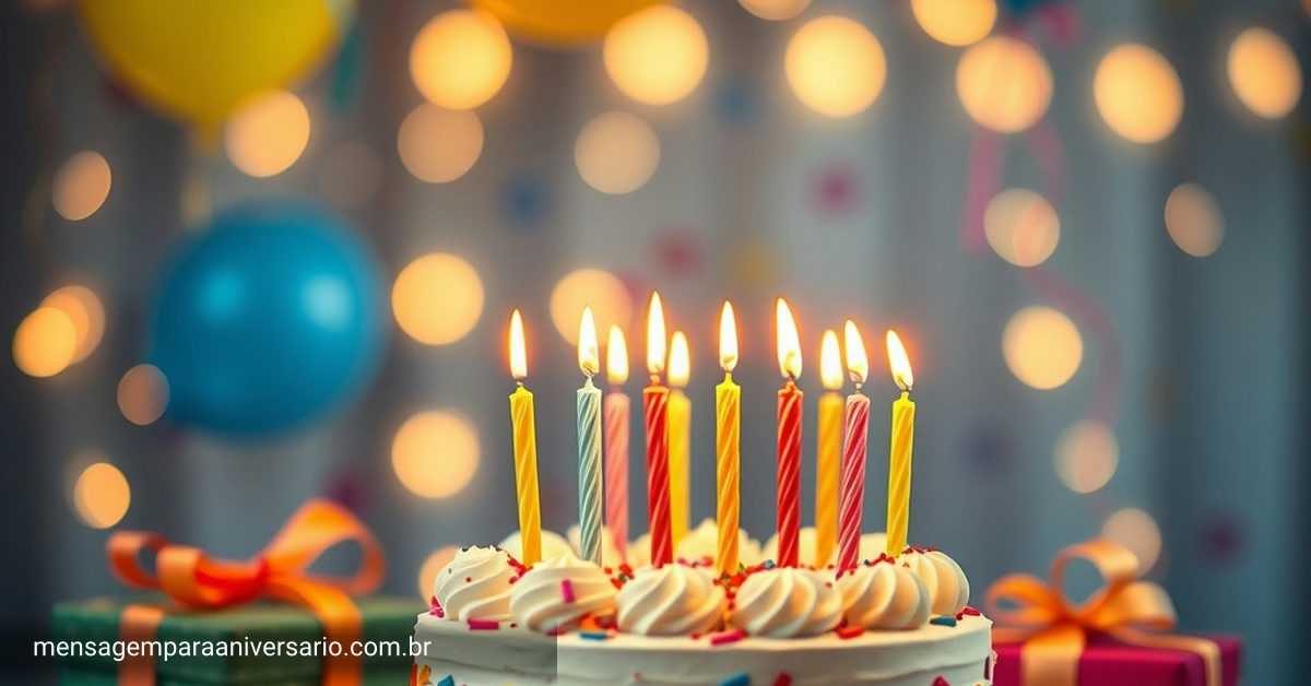 Uma cena festiva de aniversário com bolo, velas, balões, confete e presentes.