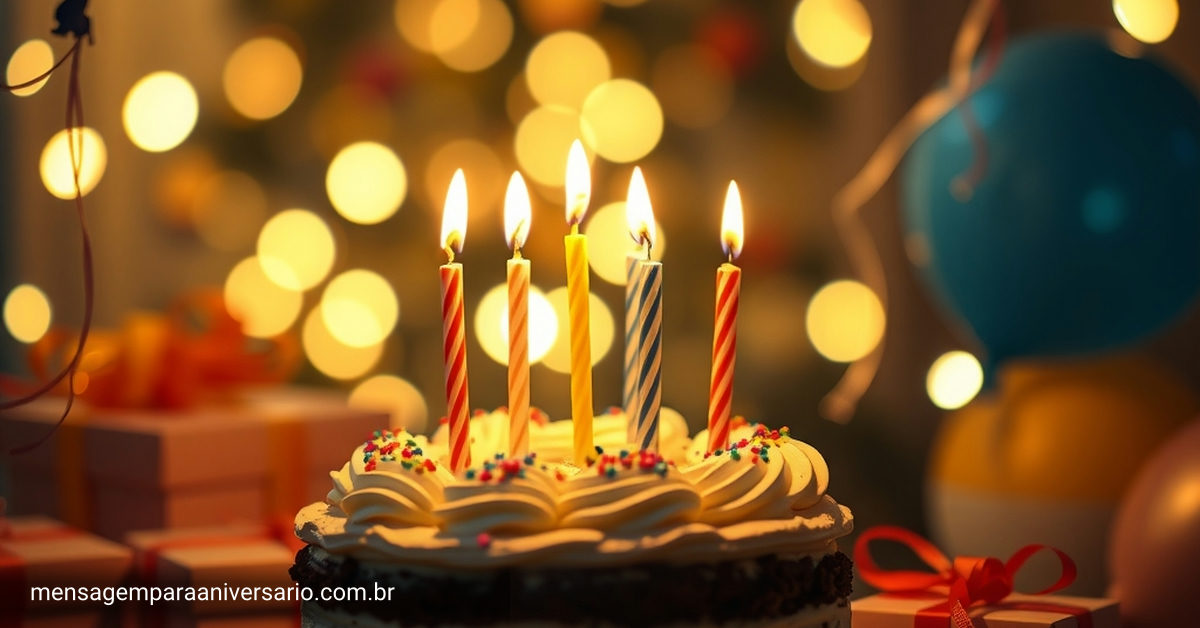 Cenário festivo de aniversário com bolo, velas, balões, confete e presentes.