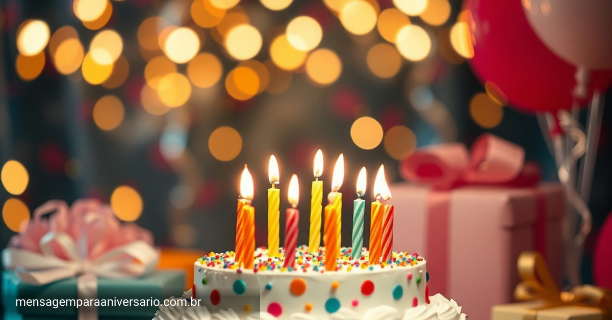 Cena festiva de aniversário com bolo colorido, velas acesas, balões, confetes e luzes pisca-pisca.