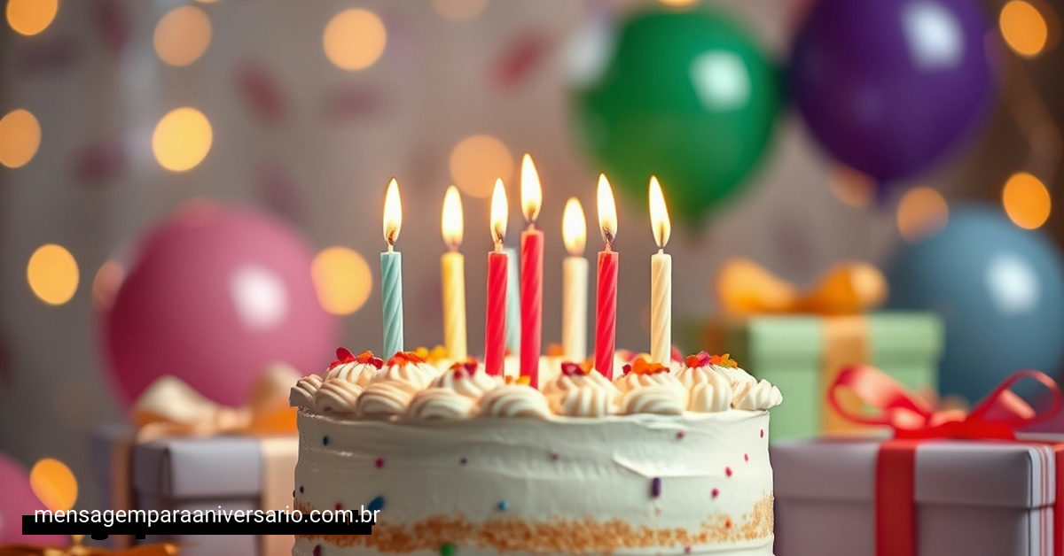 Uma cena festiva de aniversário com bolo, velas, balões coloridos, confete e presentes.