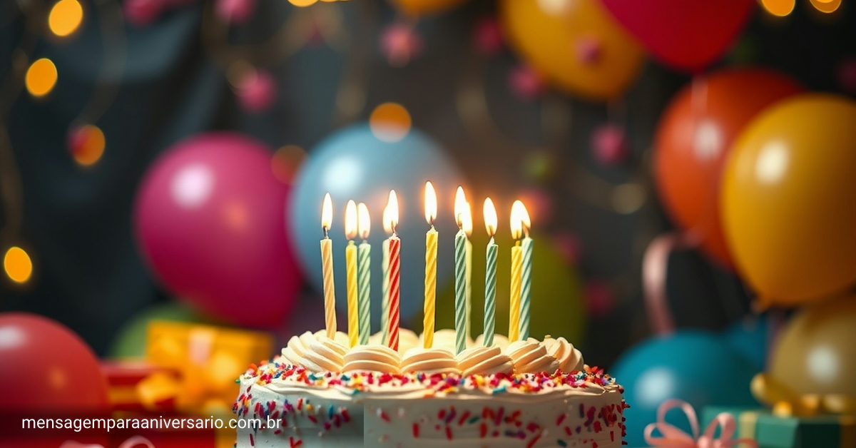 Um bolo de aniversário luxuoso com velas, rodeado por balões coloridos e confetes.