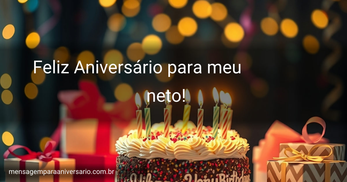 Cena festiva com bolo lindamente decorado, balões coloridos, luzes piscando e caixas de presente.