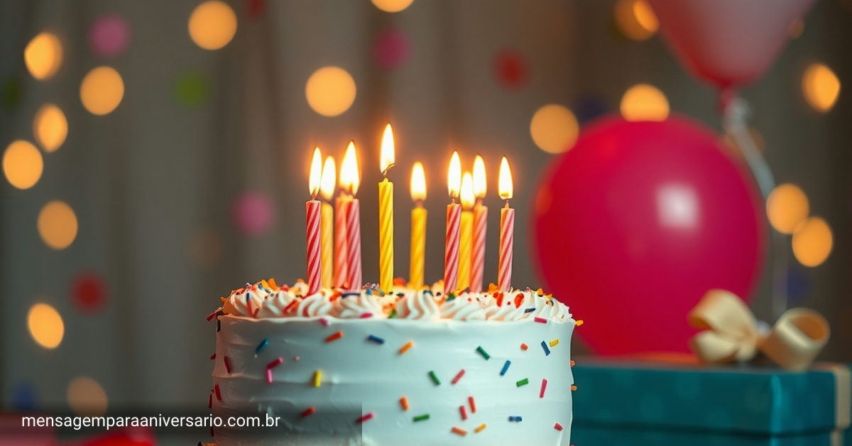 Cena festiva de aniversário com bolo, velas, balões, confetes e presentes.