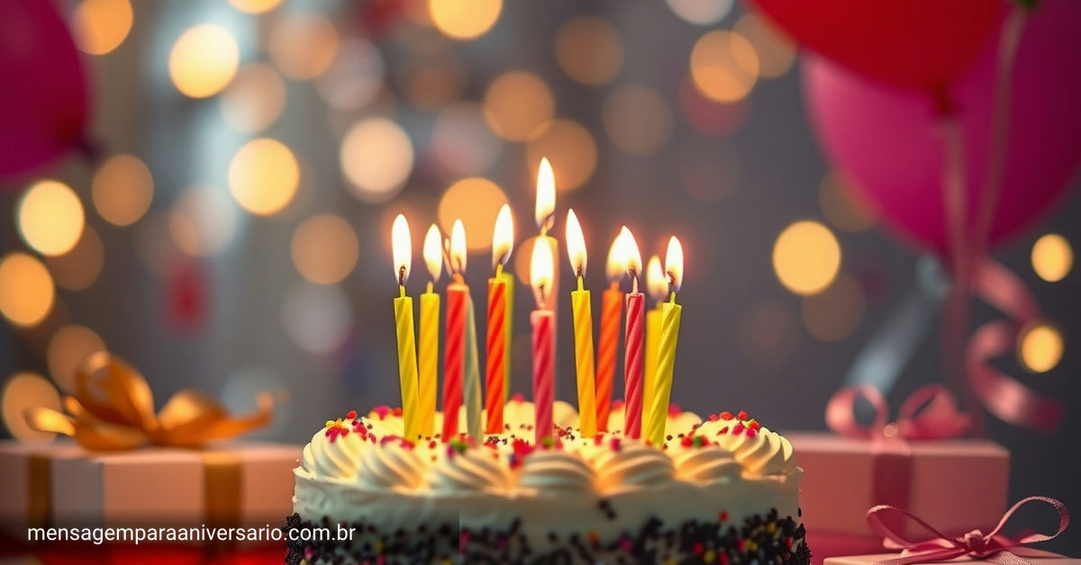 Uma cena festiva de aniversário com bolo decorado, velas acesas, balões coloridos, confetes espalhados, presentes embrulhados e luzes bokeh ao fundo.