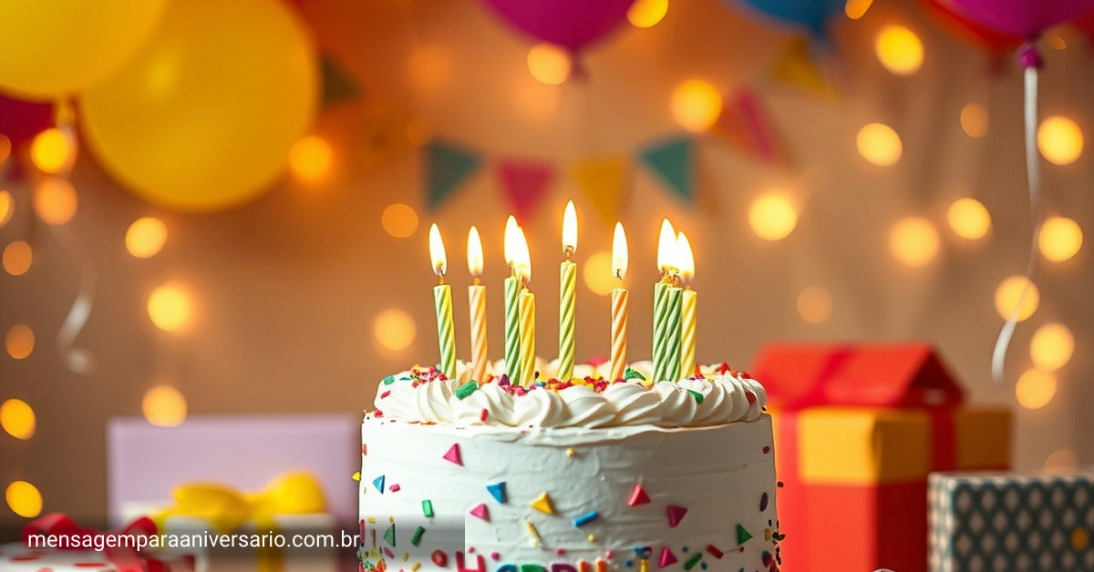 Uma mesa de festa de aniversário decorada com um bolo colorido, balões de várias cores, fitas e presentes empilhados, sem pessoas.