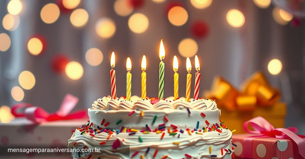 Cena festiva de aniversário com bolo, velas, balões, confetes e presentes.