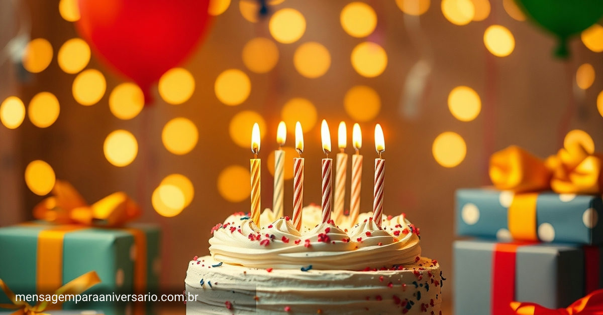 Cena festiva de aniversário com bolo, velas, balões, confete e presentes.