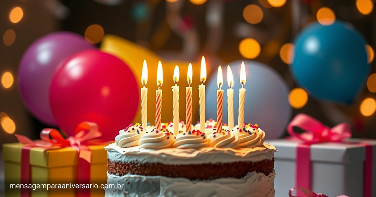 Cena festiva de aniversário com bolo, velas, balões, confete e presentes.