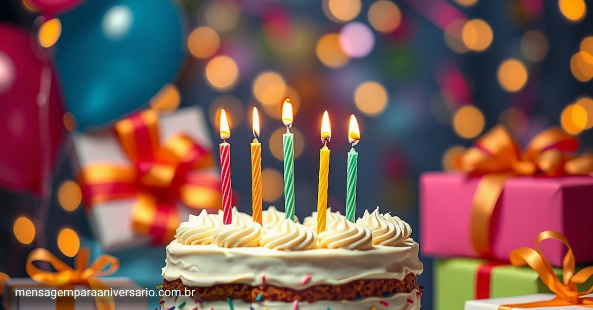 Uma festa de aniversário decorada com balões coloridos, um bolo com velas acesas, confetes e uma mesa cheia de presentes.