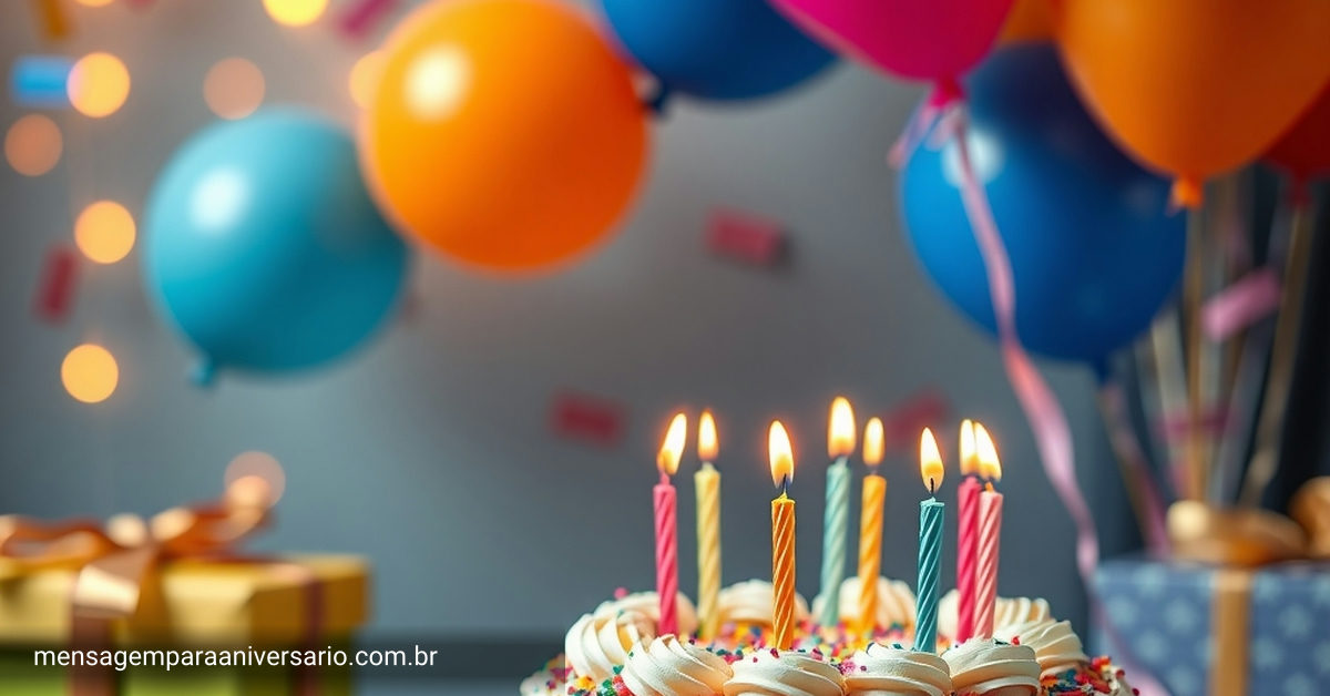 Cena festiva com um bolo de aniversário colorido, velas acesas, balões e confete espalhado.