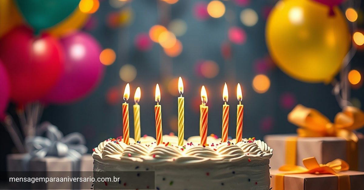 Uma cena festiva de aniversário com um bolo brilhante, velas cintilantes, balões vibrantes e confetes de celebração.