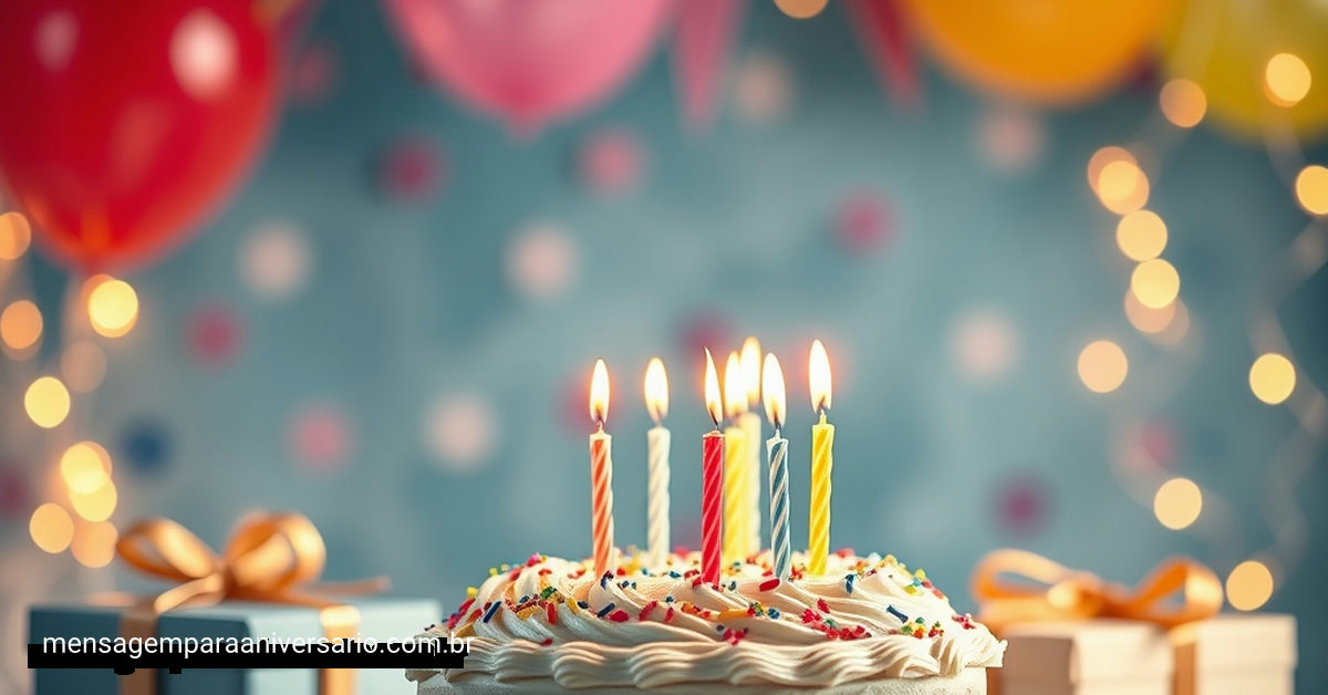 Cena festiva de aniversário com bolo, velas, balões, confete e presentes.