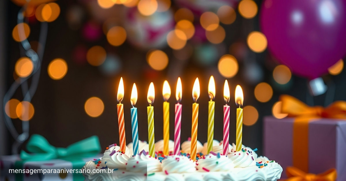 Cena festiva de aniversário com bolo, velas, balões, confete e presentes.