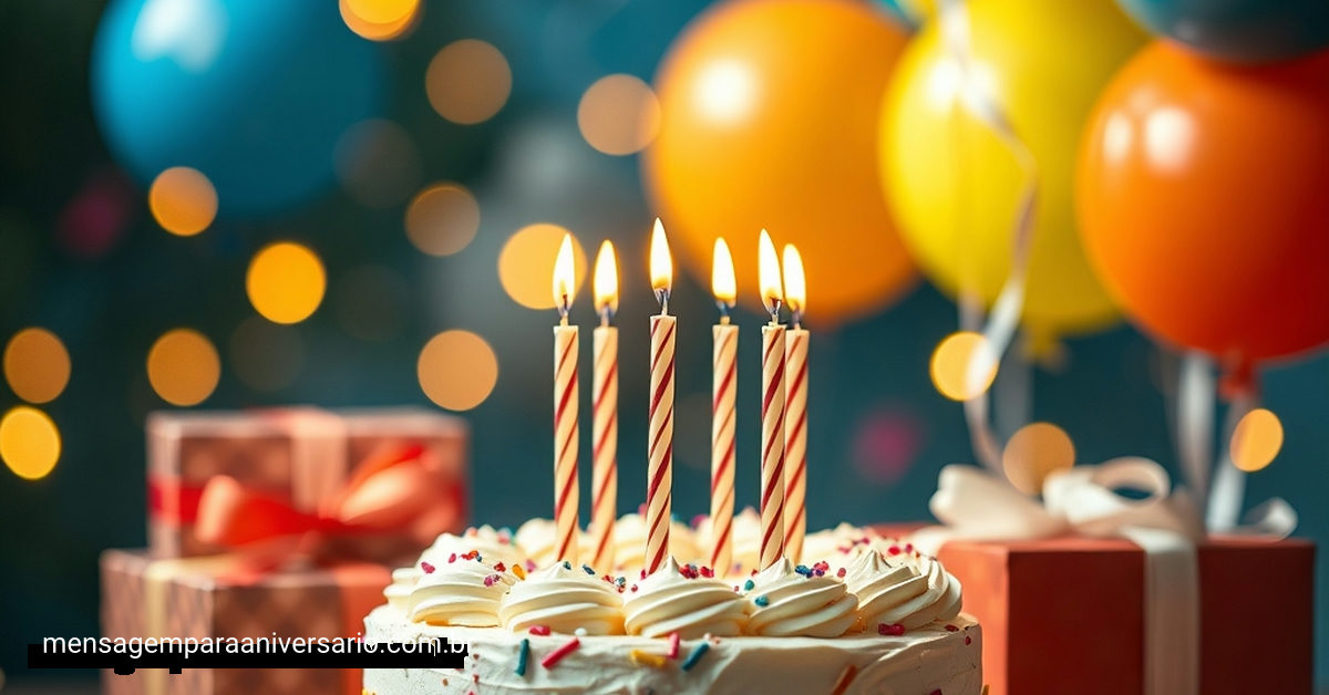 Cena festiva de aniversário com bolo, velas, balões, confete e luzes desfocadas.