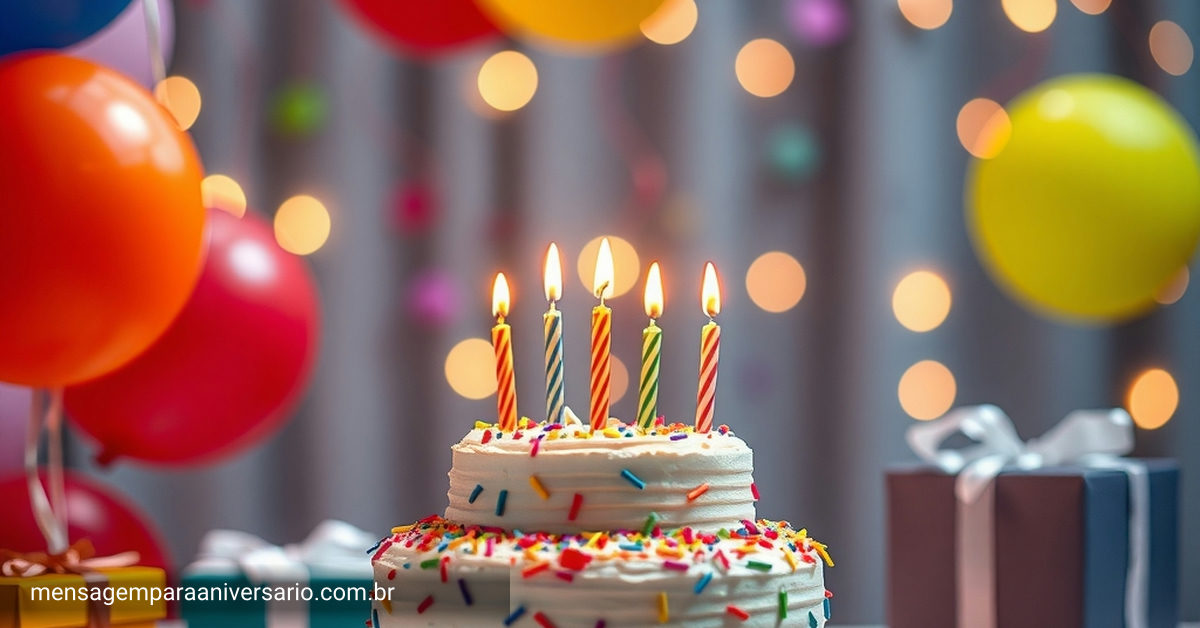 Mesa festiva de aniversário com bolo, balões e confete, luzes quentes.