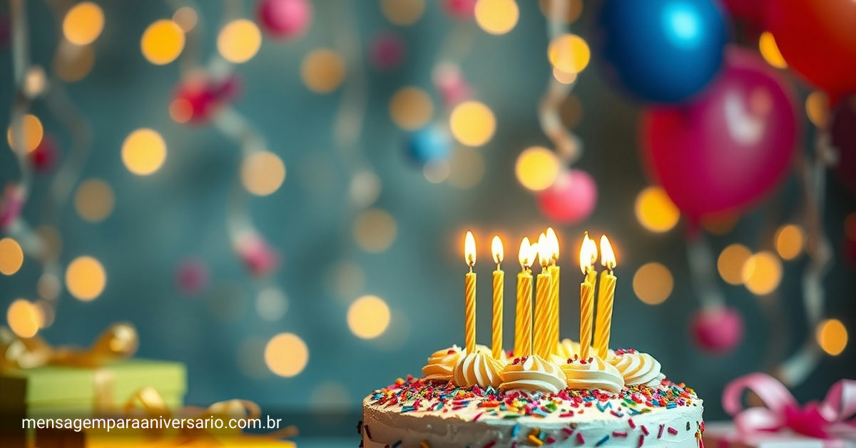 Cena festiva de aniversário com balões coloridos, bolo e confete.