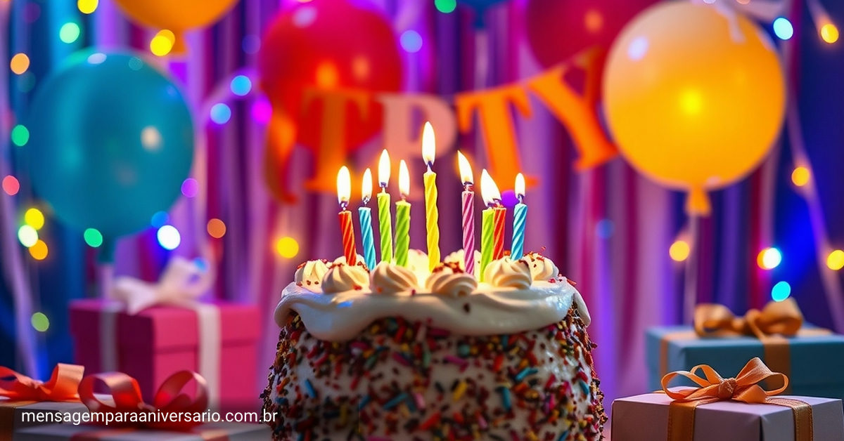 decoração festiva de aniversário com elementos temáticos, balões, bolo e luzes vibrantes.