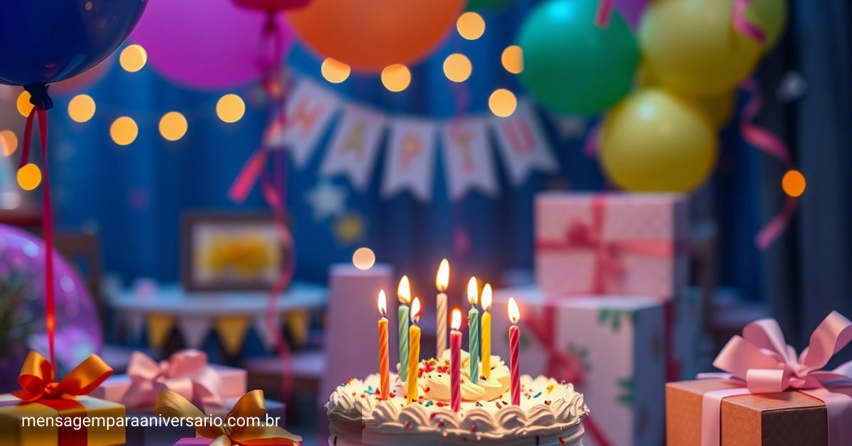 decoração festiva de aniversário com estações interativas, balões, bolo e confete.