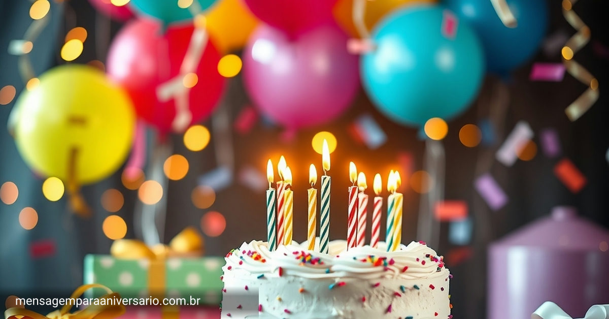 Uma cena festiva de aniversário com um bolo lindo, balões coloridos, luzes cintilantes e confetes caindo.