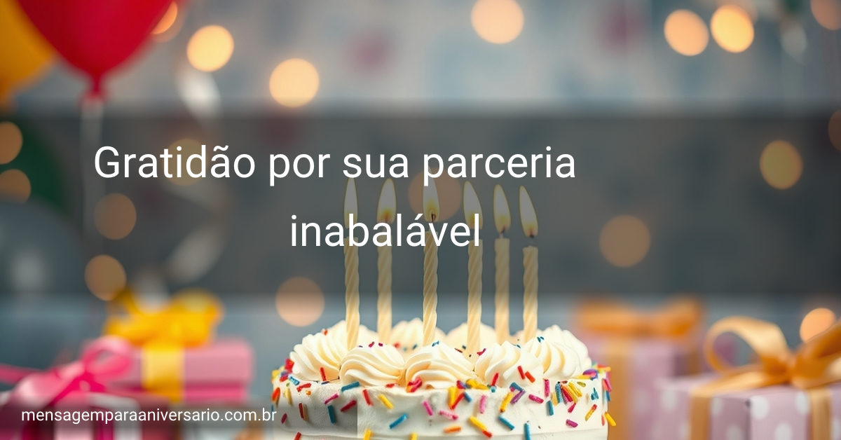Cena festiva com um bolo de aniversário decorado, velas acesas, balões coloridos, confete espalhado, presentes embrulhados e luzes bokeh ao fundo.