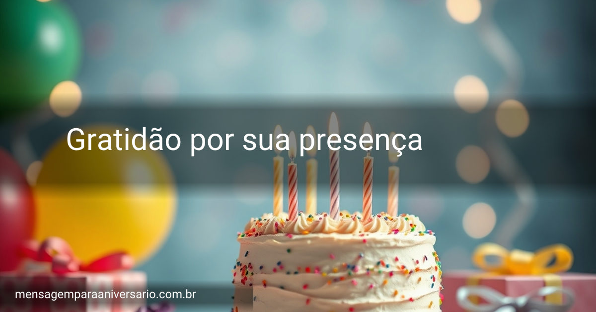 Ambiente de celebração de aniversário com bolo, velas, balões e luzes brilhantes.