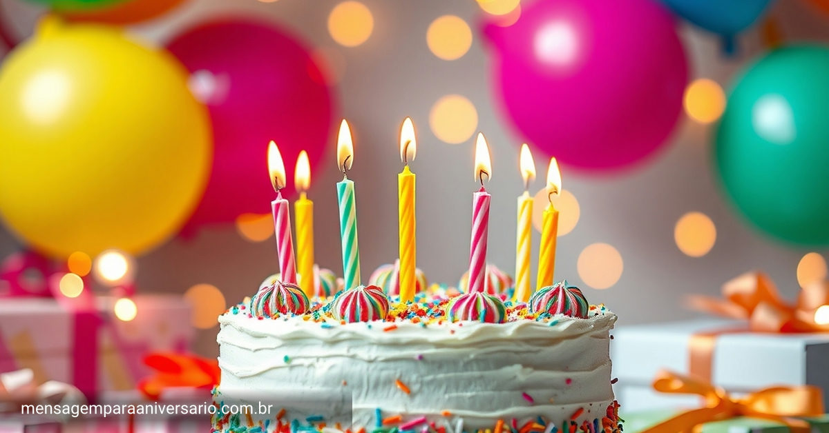 bolo de aniversário colorido decorado com velas e confeitos, cercado por balões e decoração festiva.