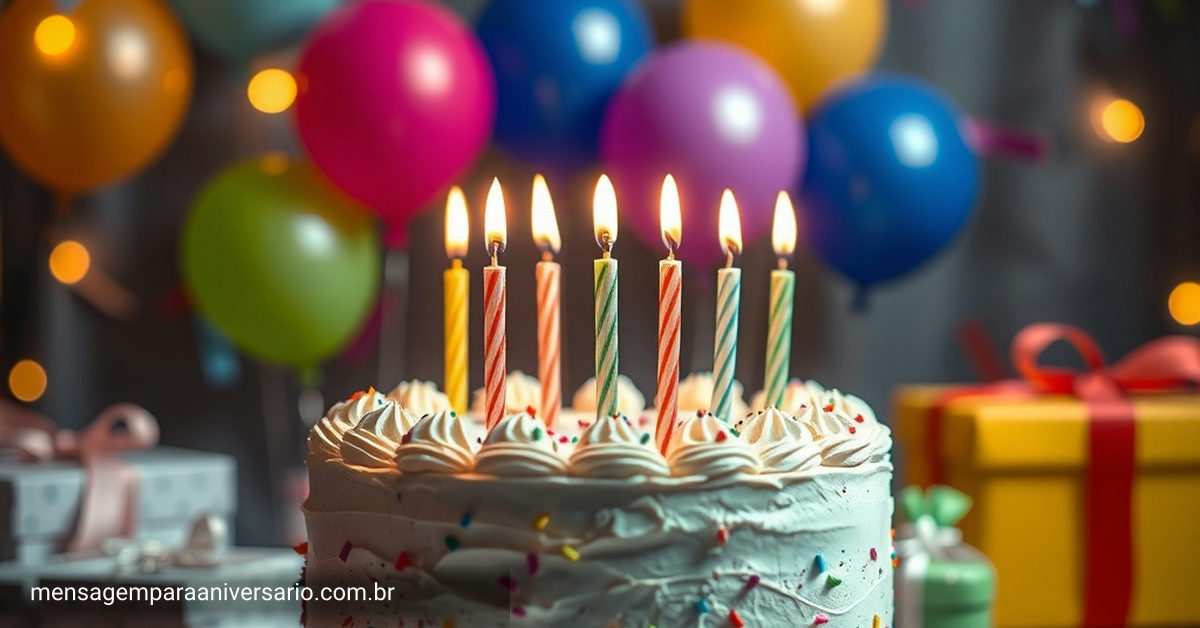 Uma cena festiva de aniversário com bolo, velas, balões coloridos e confete.