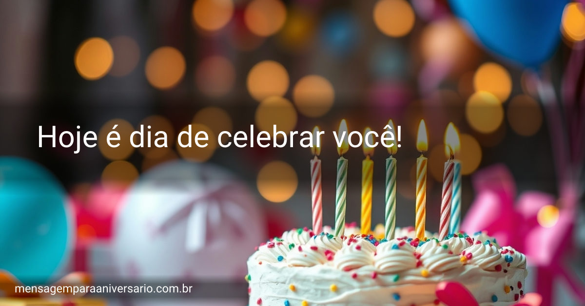 Uma cena festiva de aniversário com bolo, velas, balões coloridos, confete e luzes em bokeh.