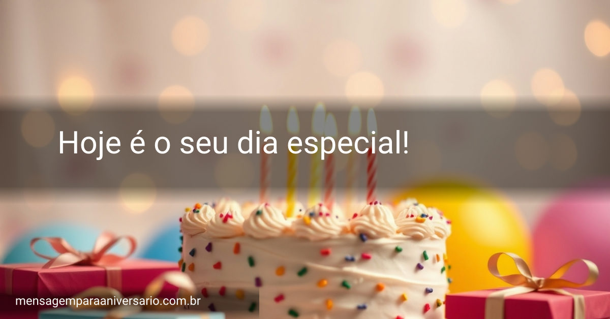 Uma mesa decorada com um bolo de aniversário, velas acesas, balões coloridos, confete espalhado e presentes brilhantes.