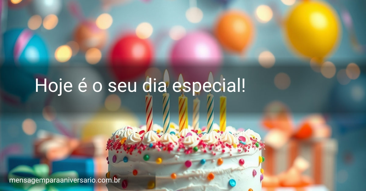 Cena vibrante de aniversário com um bolo bem decorado, numerosos balões coloridos, confetes brilhantes e luzes bokeh suaves ao fundo.